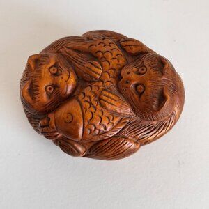 Hand-Carved Wooden Netsuke Trinket Box Cat Fish Wood Small